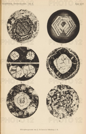 Six microscopic enlargements of minerals, page, photomechanical print, Image 1 is augite and