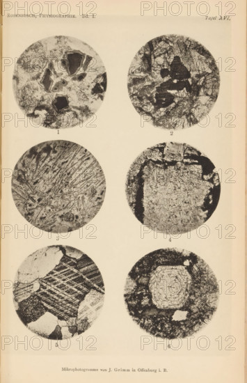 Six microscopic enlargements of minerals, page, photomechanical print, Image 1 is titanite, 2 is