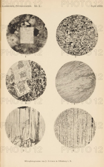 Six microscopic enlargements of minerals, page, photomechanical print, Image 1 is nepheline, 2 is