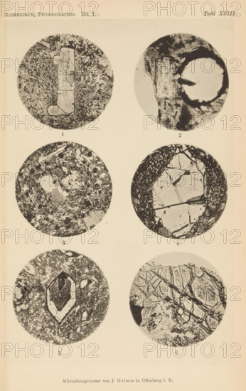 Six microscopic enlargements of minerals, page, photomechanical print, Image 1 is enstatite, 2 is