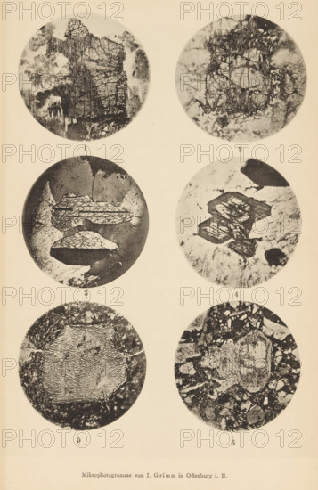 Six microscopic enlargements of minerals, page, photomechanical print, Image 1 is augite, 2 is