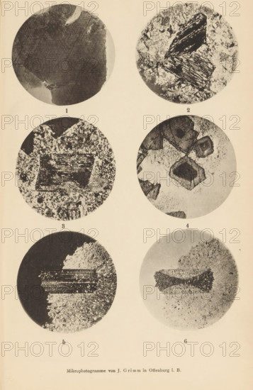 Six microscopic enlargements of minerals, page, photomechanical print, Image 1, 2 and 3 is biotite,