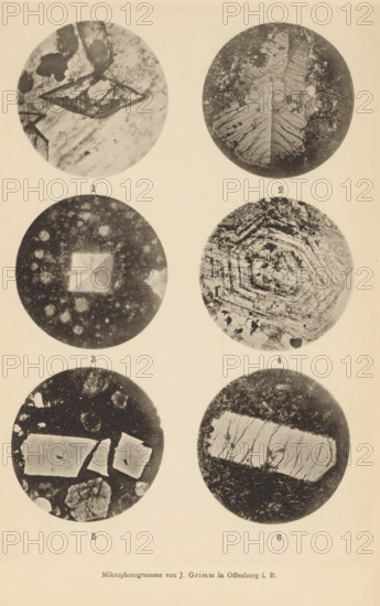 Six microscopic enlargements of minerals, page, photomechanical print, Image 1 is titanite, 2 is