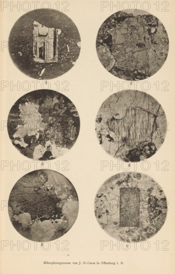 Six microscopic magnifications of minerals, page, photomechanical print, Image 1 is sanidine and