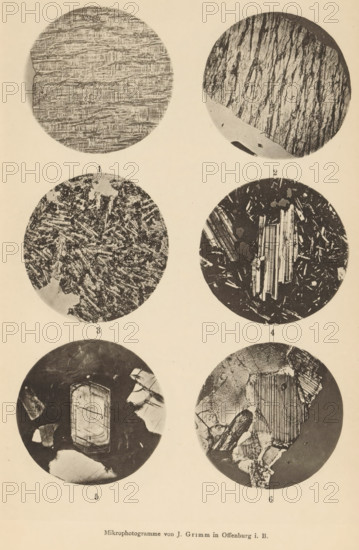 Six microscopic enlargements of minerals, page, photomechanical print, Image 1 is microcline, 2 is