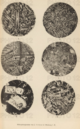 Six microscopic magnifications of minerals, page, photomechanical print, Image 1 is olivine in
