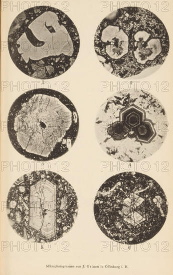 Six microscopic enlargements of minerals, page, photomechanical print, Image 1 is quartz, 2 is