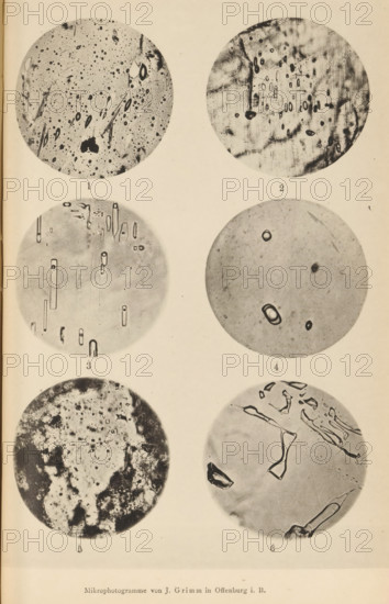 Six microscopic enlargements of minerals, page, photomechanical print, Image 1 is obsidian, 2 is
