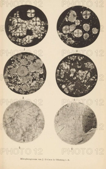 Six microscopic enlargements of minerals, page, photomechanical print, Image 1 is diabase, 2 is