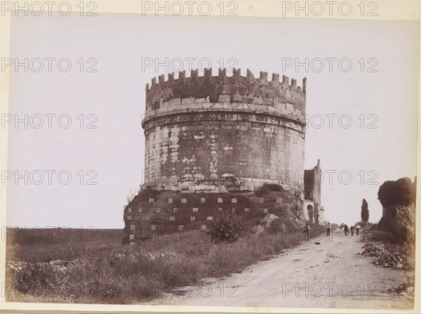 View of the Tomb of Caecilia Metella on the Via Appia near Rome, photograph, page, Via Appia