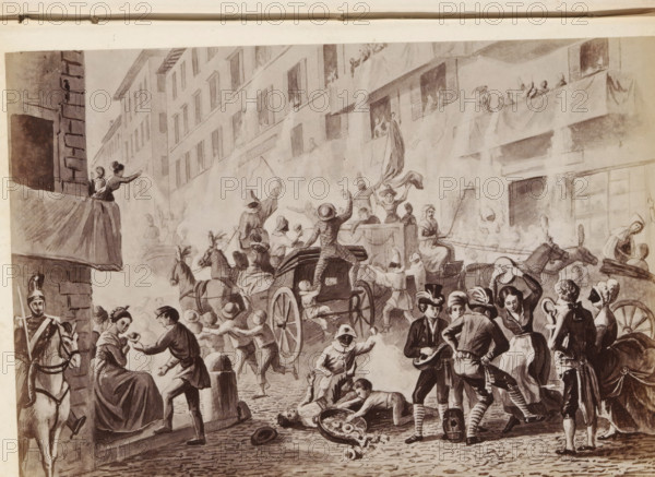 Photo reproduction of a drawing of carnival in Via del Corso in Rome, photograph, reproduction,