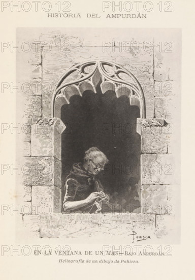 Photo reproduction of a drawing depicting a figure in a window, En la ventana de un mas-Bajo
