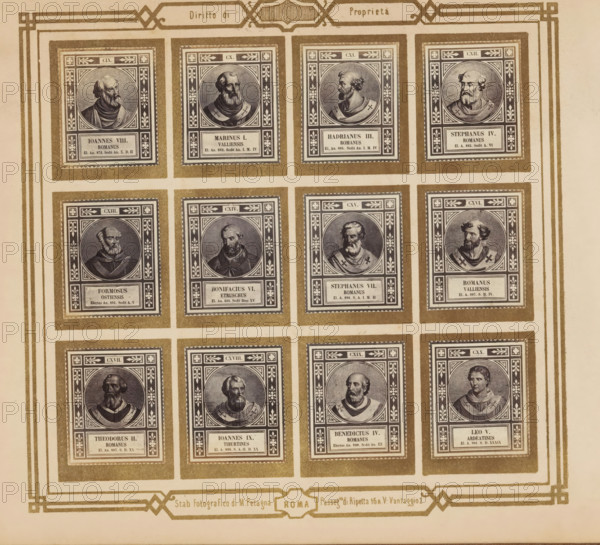 Photo reproduction of twelve portraits of popes, photograph, reproduction, page, photographer: M.