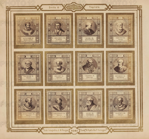 Photo reproduction of twelve portraits of popes, photograph, reproduction, page, photographer: M.