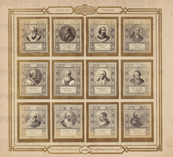 Photo reproduction of twelve portraits of popes, photograph, reproduction, page, photographer: M.