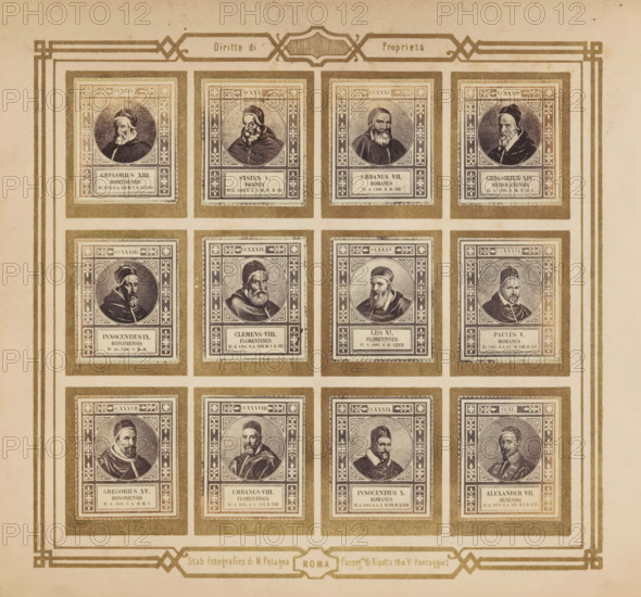 Photo reproduction of twelve portraits of popes, photograph, reproduction, page, photographer: M.