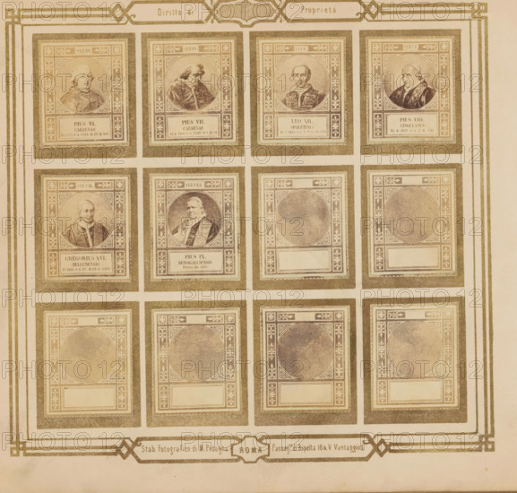 Photo reproduction of six portraits of popes, photograph, reproduction, page, photographer: M.