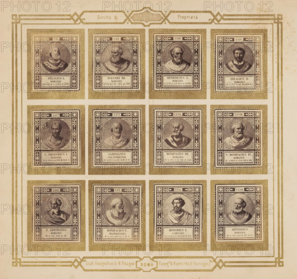 Photo reproduction of twelve portraits of popes, photograph, reproduction, page, photographer: M.