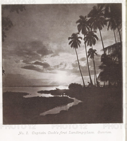 View of a beach with palm trees at sunrise on Tahiti, Captain Cook's first landing-place. Sunrise,
