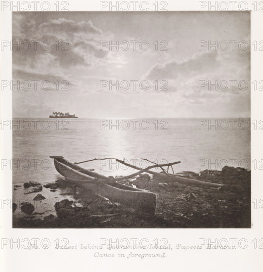 Sunset behind Quarantine Island, Papeete Harbour. Canoe in foreground, Sunset over the Pacific