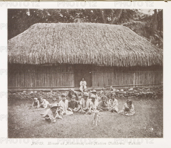 House at Mahaena, and Native Children.Tahiti, House in Mahaena with children from Tahiti in front