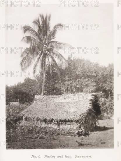 Man from Tahiti in front of his home in Papeari, Native and hut. Paeuriri, page, photomechanical