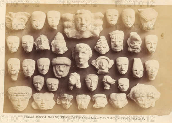 Terra cotta heads, from the pyramids of San Juan Teotihuacan, photograph, page, Mexico, c. 1870 -