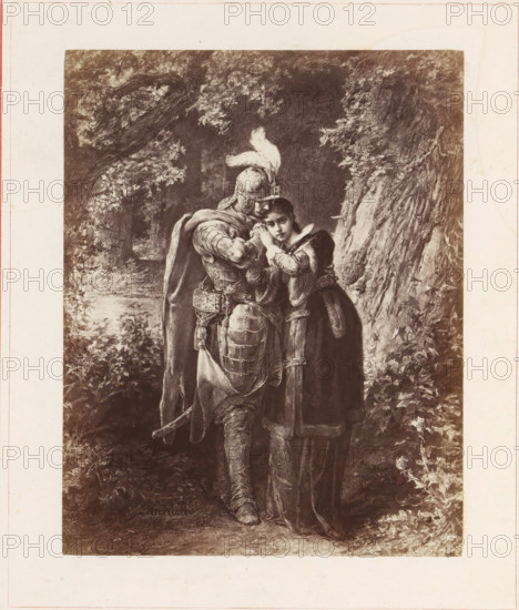 Photo reproduction of a painting depicting a knight and a woman on a forest path, photograph,
