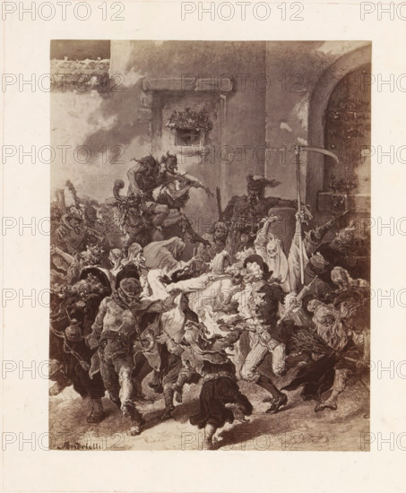 Photo reproduction of a painting probably depicting a party with a devil playing the violin and a
