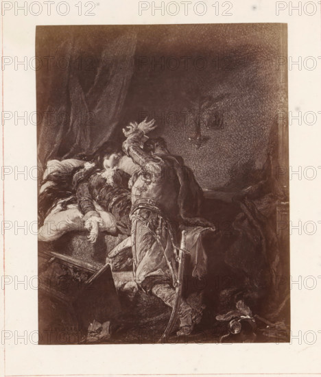 Photo reproduction of a painting depicting a man in front of a bed on which a woman lies, possibly