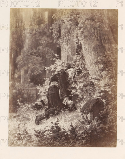 Photo reproduction of a painting depicting an old man leaning against a tree in a forest,