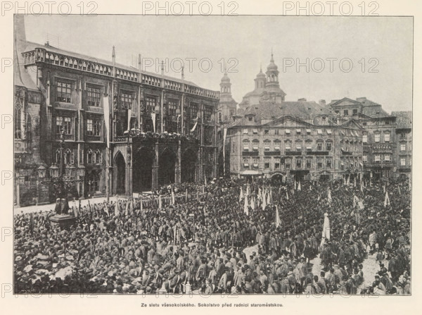 Crowd at the Staromestské námestí in Prague during a festival of the Sokol movement, Ze sletu