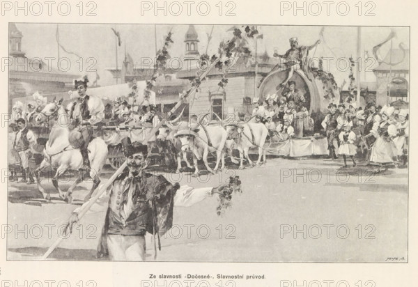 Ze slavnosti, Docesné' Slavnostní pruvod, Photographic reproduction of a painting, representing a