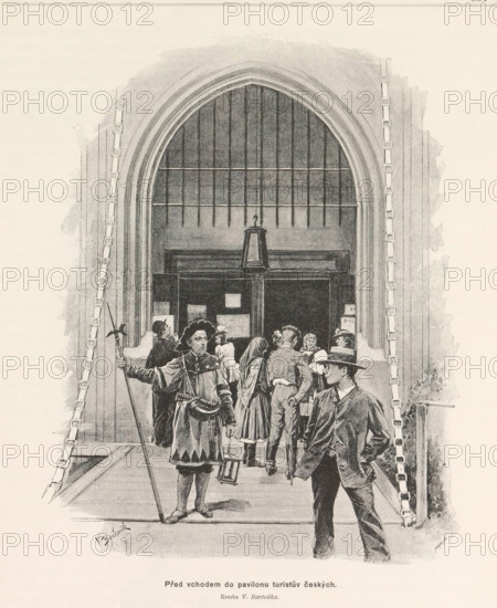 Pred vchodem do pavilonu turistuv ceských, Photo reproduction of a drawing depicting a view of the