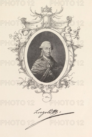 Photo reproduction of a drawing, depicting a portrait of Emperor Leopold II, reproduction, page,