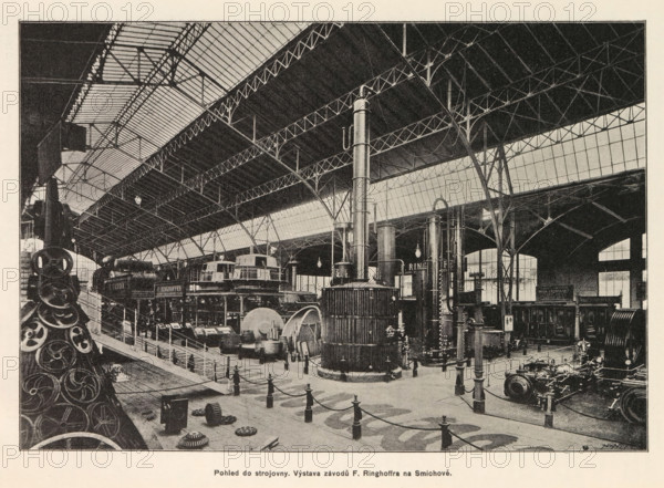 Interior of an engine room with an exhibition of Skoda, Pohled do strojovny. Výstava závodu E.