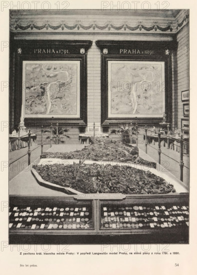 Z pavilonu král. hlavniho mesta Prahy: V popredí Langweiluv model Prahy, na stene plány z roku 1791