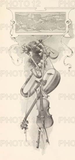 Photo reproduction of a drawing, depicting musical instruments, reproduction, page, photomechanical