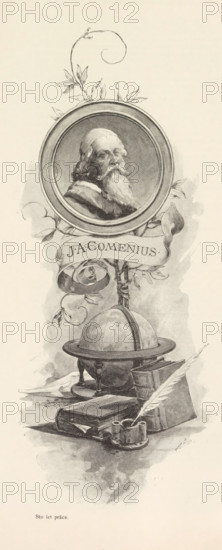 Photo reproduction of a drawing, depicting a portrait of Jan Amos Comenius above a globe and books,