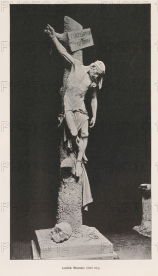 Statue depicting a plague victim on a tree, Ludvik Wurzel, page, photomechanical print, Prague,