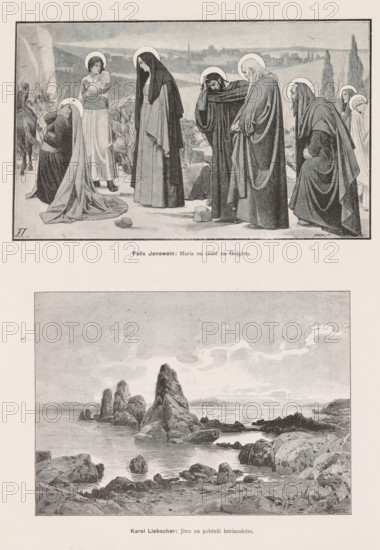 Two photo reproductions of paintings, depicting Mary on the road to Golgotha and a view of the