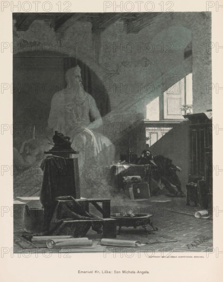 Photo reproduction of a painting depicting Michelangelo in his studio, Emanuel Kr. Liska: Sen