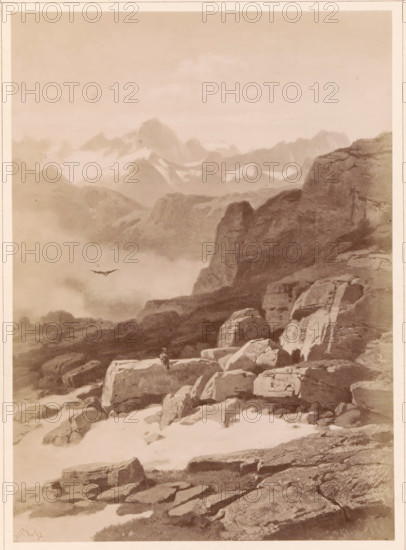 Photo reproduction of a painting of a view from the Furka Pass to the Finsteraarhorn, Auf der Furka