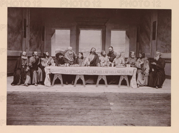 The holy supper, page, photomechanical print, inscription: 'Gemeinde Oberammergau Passionsspiel
