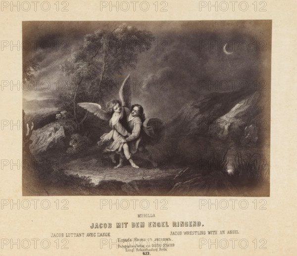 Photographic reproduction of a print after a painting of Jacob wrestling with an angel by Bartolomé
