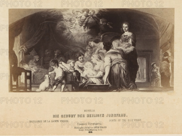 Photographic reproduction of a print after a painting of the birth of Mary by Bartolomé Esteban