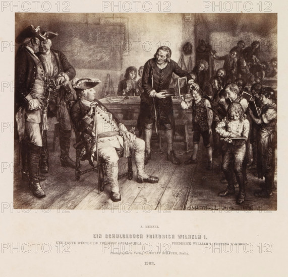 Photographic reproduction of a painting of a school visit by Frederick William I of Prussia by