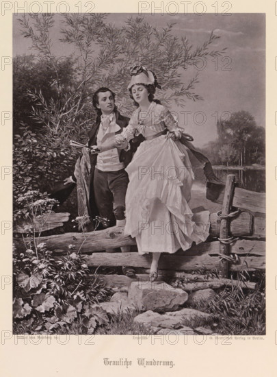 Trauliche Wanderung, Photo reproduction of a painting of a young man and woman passing a wooden