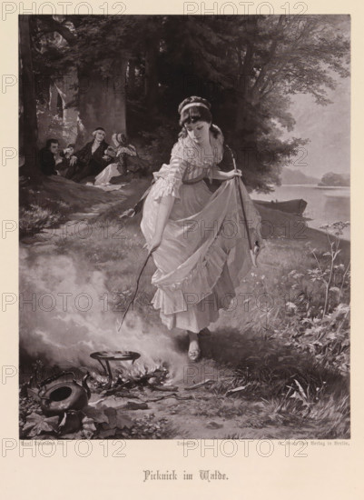 Photographic reproduction of a painting of a woman by a campfire and a group under a tree, Picnic