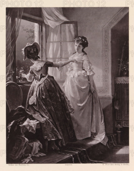 Photo reproduction of a painting of a bride being dressed by another woman, Brautschmückung,